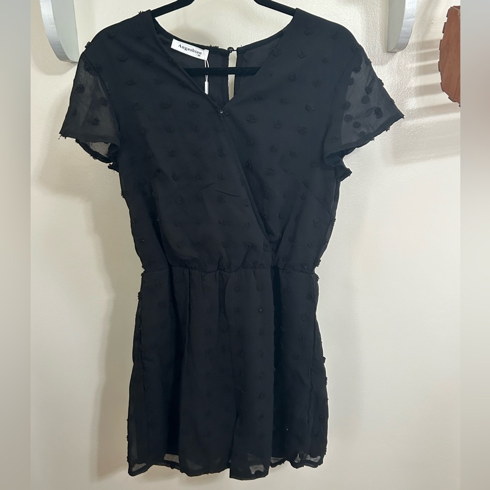 Women's Black Mini Shorts Romper with Textured Dot Fabric
